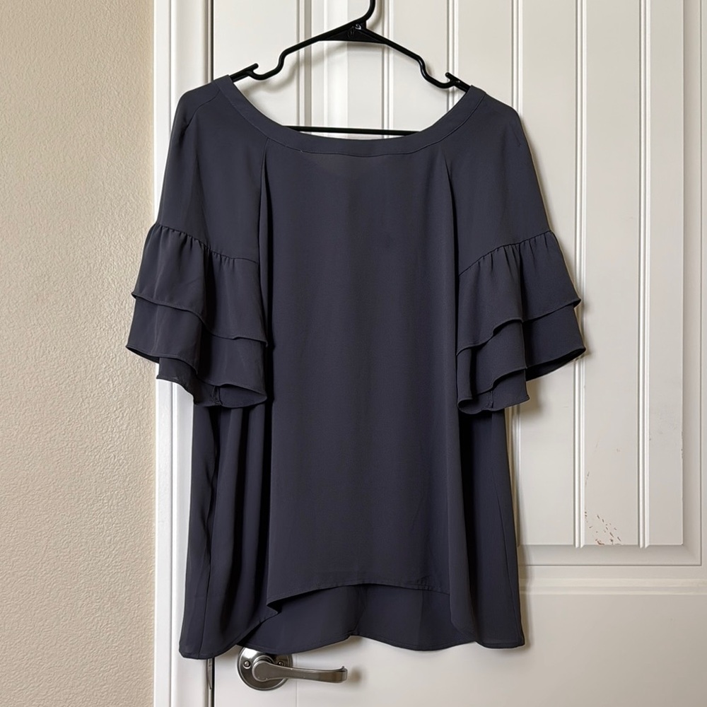LOFT Blue Gray Chiffon Blouse with Ruffle Sleeve and Bow-Tie Detail (Back)